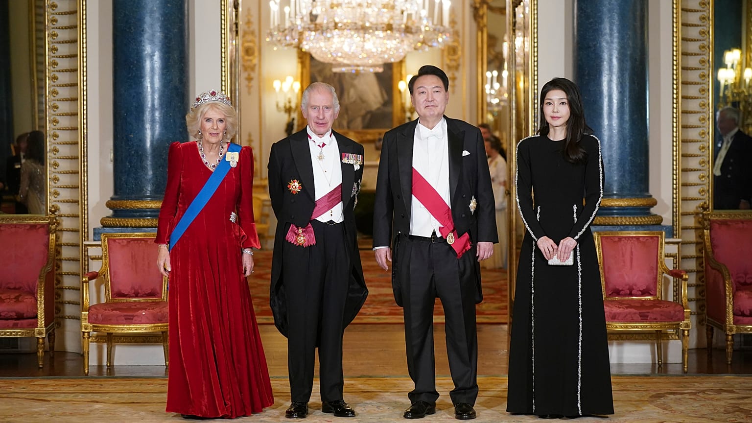Britain's Queen Camilla, King Charles III, President of South Korea Yoon Suk Yeol and his wife Kim Keon Hee ahead of the State Banquet
