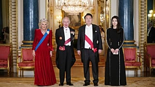 Britain's Queen Camilla, King Charles III, President of South Korea Yoon Suk Yeol and his wife Kim Keon Hee ahead of the State Banquet