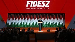 Hungarian Prime Minister Viktor Orban, center, delivers his speech after he was re-elected at the election of officials congress of the ruling Hungarian Fidesz.