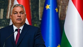 Премьер-министр Виктор Орбан на фоне флагов Евросоюза и Венгрии