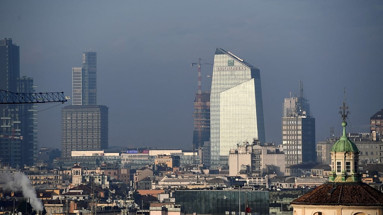 Picture taken from the roof of the Duomo in Milan shows the BNP Parisbas bank headquarters at the Porta Nuova district.