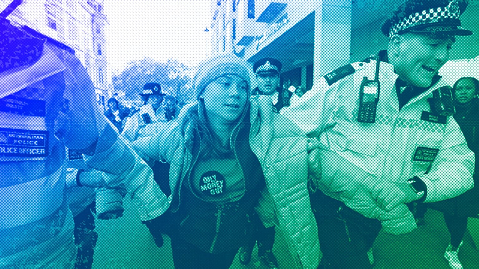 Environmental activist Greta Thunberg is taken away by police officers during the Oily Money Out protest outside the Intercontinental Hostel in London, October 2023