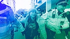 Environmental activist Greta Thunberg is taken away by police officers during the Oily Money Out protest outside the Intercontinental Hostel in London, October 2023