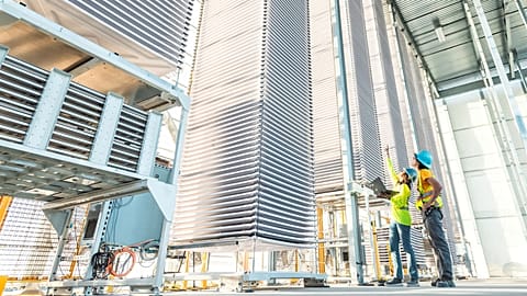 A stack of trays holding treated limestone, used to absorb CO2 form the air, at Heirloom's new plant, in Tracy, California.