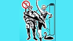 Csajkovszkij eltáncolja a Hattyú halálát, mielőtt balettjei, mint veszélyes homoerotikus propaganda terjesztéséért befóliáznák a TEKesek 2023, 100 x 80 cm, akril vásznon