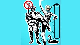Csajkovszkij eltáncolja a Hattyú halálát, mielőtt balettjei, mint veszélyes homoerotikus propaganda terjesztéséért befóliáznák a TEKesek 2023, 100 x 80 cm, akril vásznon