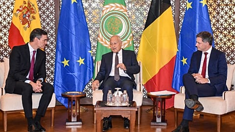 Spanish prime minister Pedro Sanchez and Belgian prime minister Alexander De Croo, sit with Egypt's president Abdel Fattah al-Sissi in Cairo, November 24th 2023