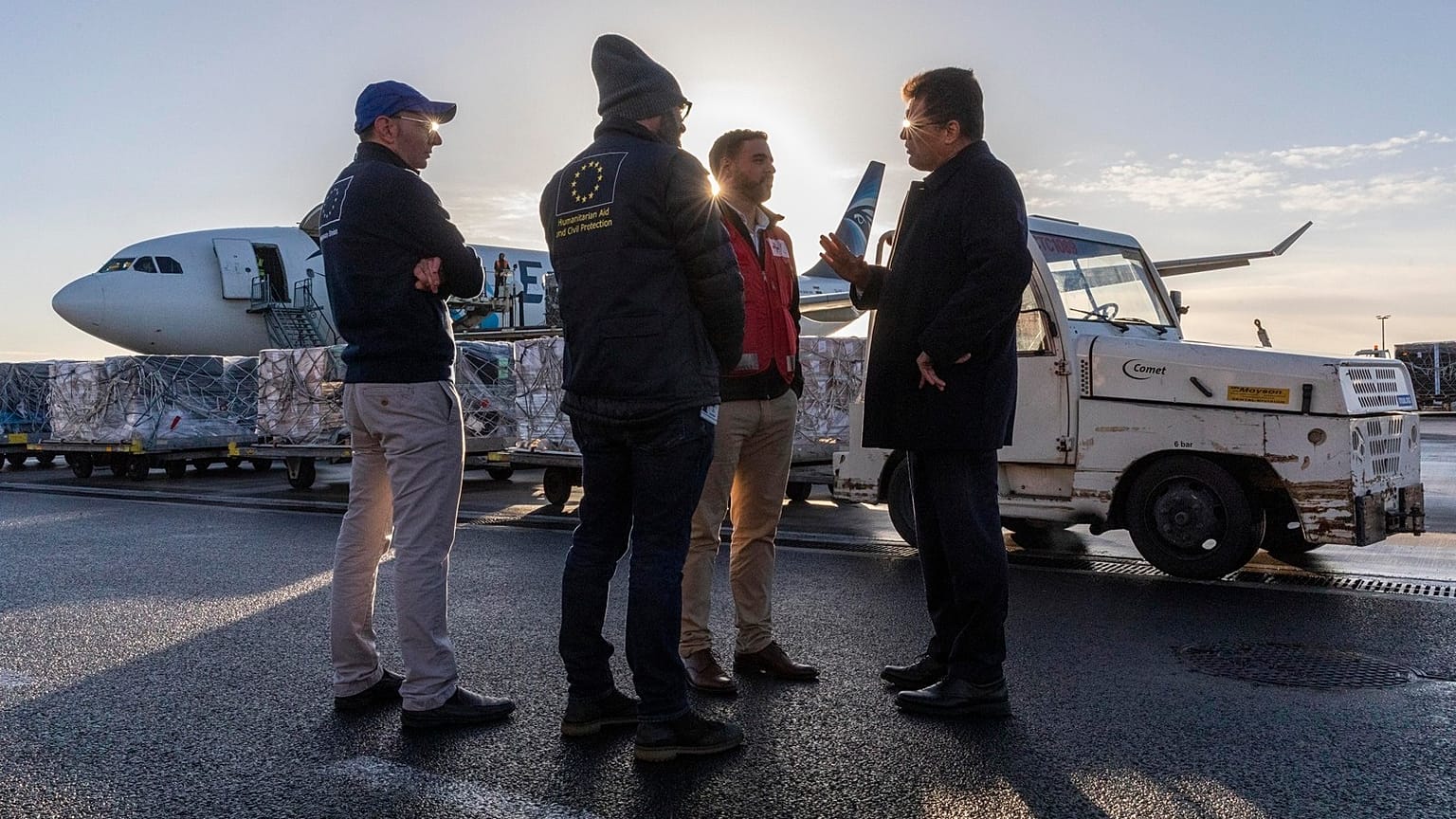 EU Commissioner for humanitarian aid Janez Lenarčič visits Ostende airport for the upload of a humanitarian cargo to Gaza