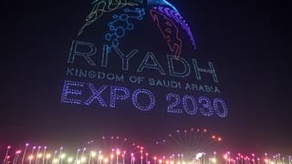 A light display created using drones is performed after Riyadh won the right to host the 2030 World Expo at king Abdullah Financial District in Riyadh, on November 28, 2023.