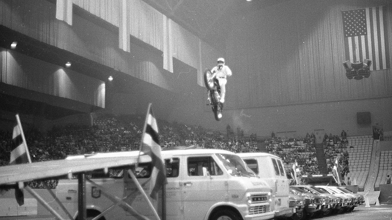 Evel Knievel makes his record jump of 15 cars at the Cow Palace. March 3, 1972.