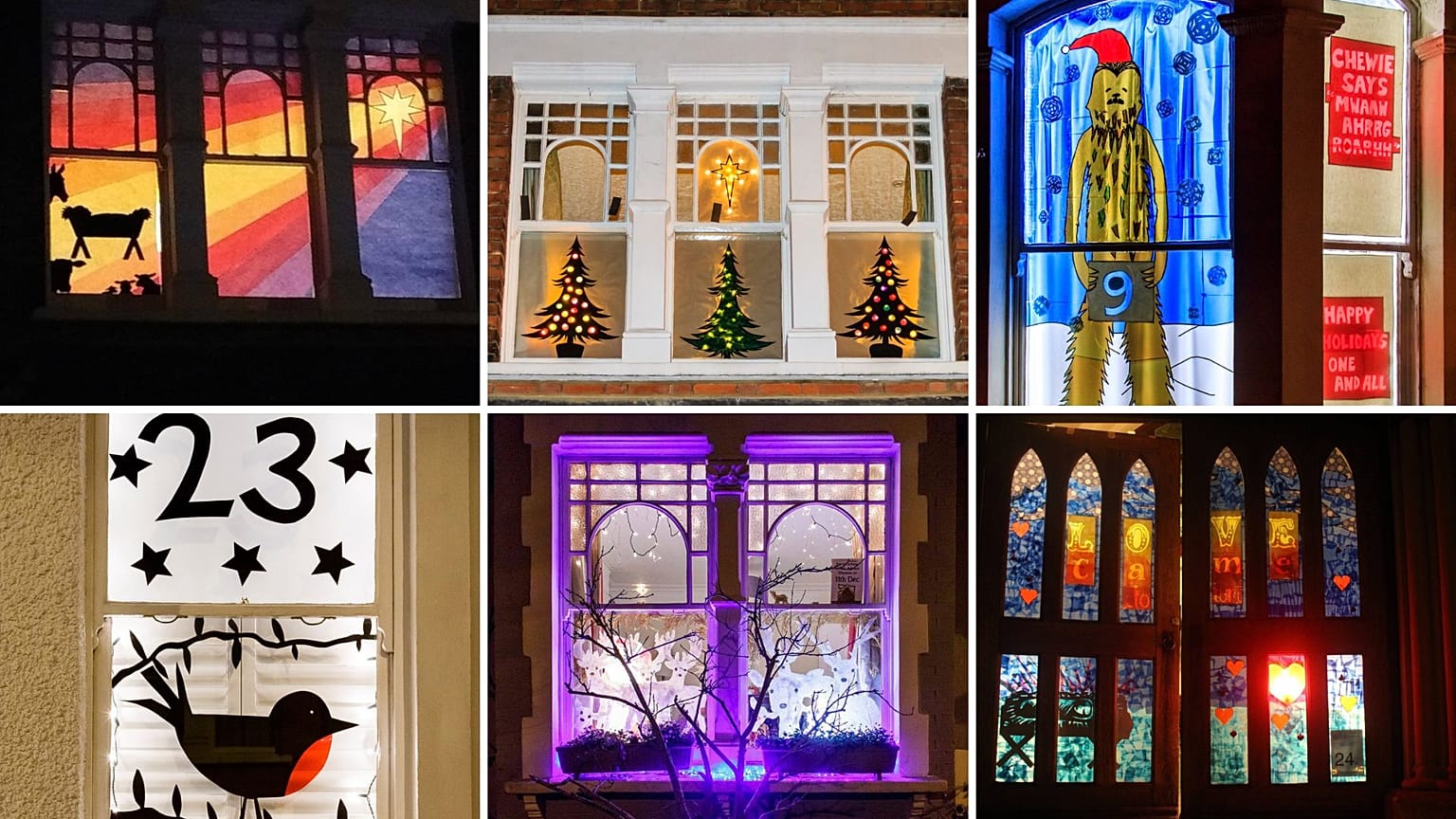 Exponate des lebenden Adventskalenders im Whitehall Park in London, UK.