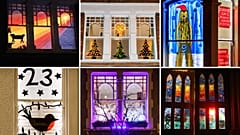 Exponate des lebenden Adventskalenders im Whitehall Park in London, UK.