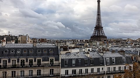 This photograph taken on November 21, 2023 shows the Eiffel Tower above the rooftops of Paris.