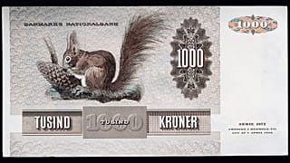 A Danish 1000 kroner (crown) banknote - now out of circulation - featuring a red squirrel