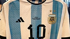The shirt worn in the 2022 World Cup final match between Argentina and France on December 18, 2022, is displayed during a Sotheby's auction media preview. 