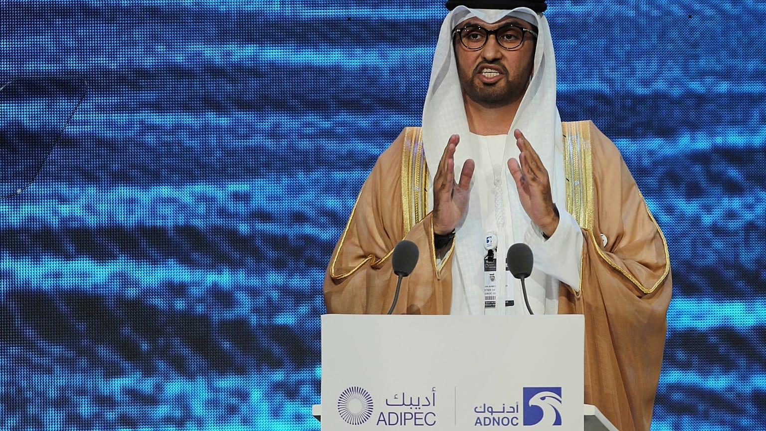 Sultan Ahmed al-Jaber, CEO of ADNOC, speaks at the opening ceremony of the Abu Dhabi International Petroleum Exhibition & Conference, UAE, November 2019.