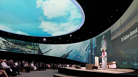 COP28 President Sultan al-Jaber speaks during a session at COP28. 