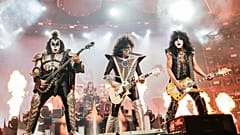 Gene Simmons, left, Tommy Thayer and Paul Stanley of KISS perform during the final night of the "Kiss Farewell Tour" on Dec. 2, 2023, at Madison Square Garden, NY