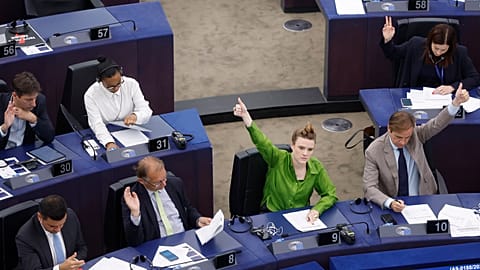 Lawmakers vote on the Artificial Intelligence act on Wednesday, June 14, 2023 at the European Parliament in Strasbourg, eastern France.