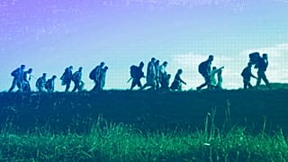 Migrants walk on a dyke after crossing from Croatia, in Brezice, Slovenia, October 2015