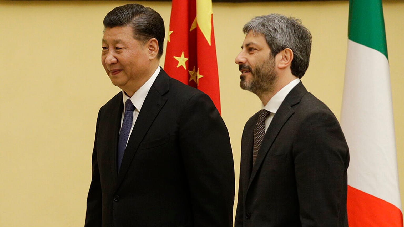 Chinese President Xi Jinping is greeted by chamber speaker Roberto Fico as he visits the Italian lower chamber in Rome Friday, March 22, 2019.