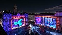 This photograph taken on December 6, 2023 shows the Place des Terreaux illuminated for the preview of the Festival of Lights (Fete des Lumieres), in Lyon.