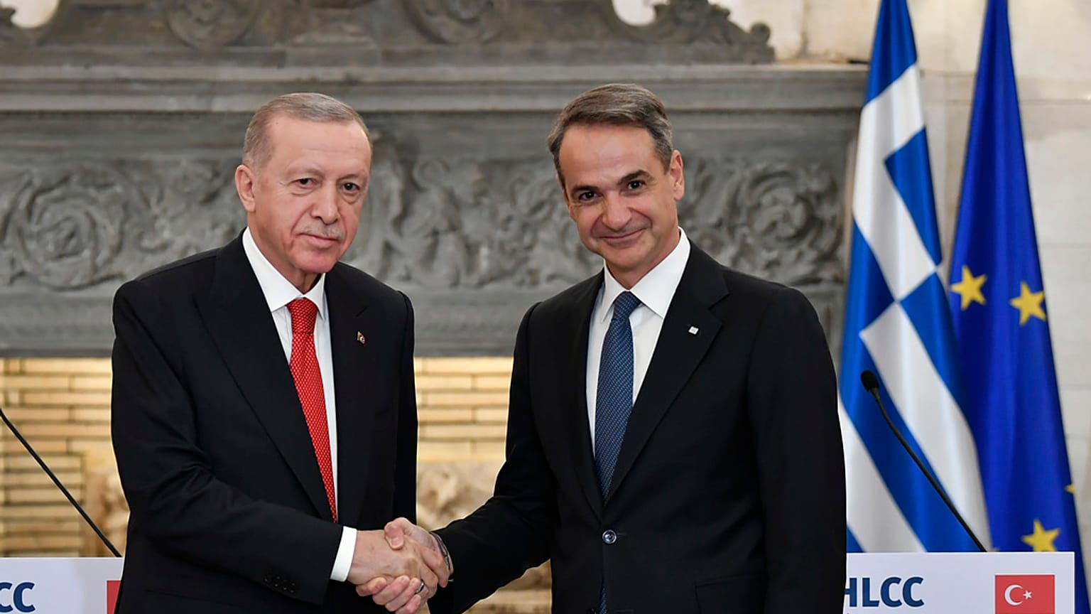 Le président turc Recep Tayyip Erdogan et le Premier ministre grec Kyriakos Mitsotakis, en 2023.