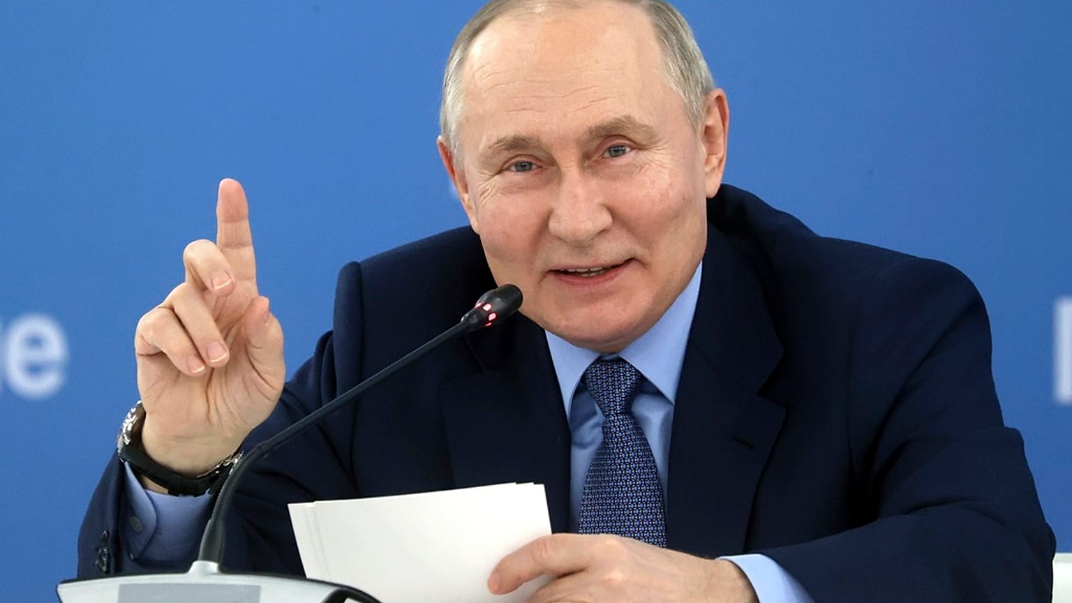 Russian President Vladimir Putin gestures while speaking at an exhibition at the Mashuk educational center in Pyatigorsk, Stavropol region, Russia on Tuesday