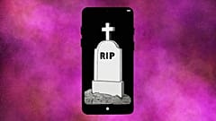 A smartphone featuring a gravestone, representing the death of an AI companion. 