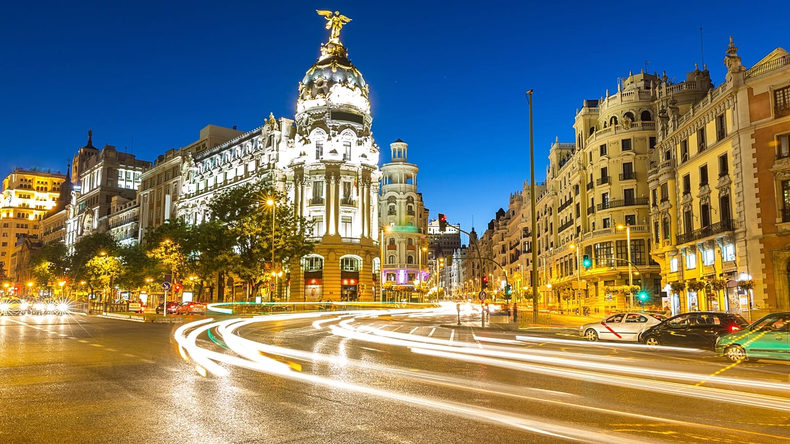 Gran Via in Madrid at dusk.