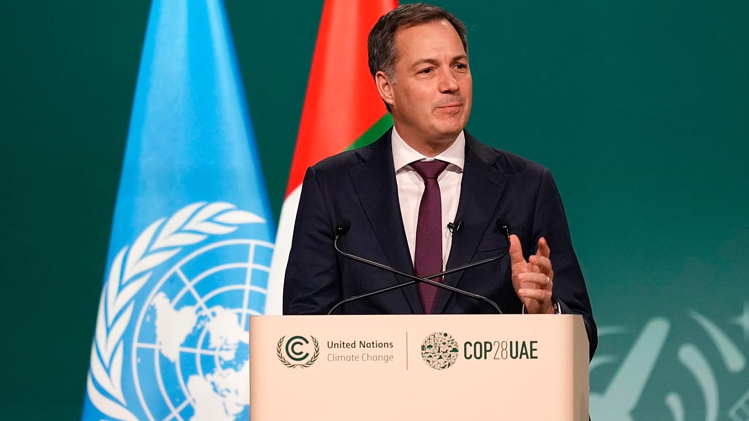 Belgium Prime Minister Alexander De Croo speaks during a plenary session at the COP28 U.N. Climate Summit, Saturday, 2 December
