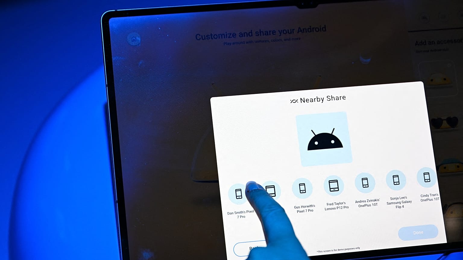 Android’s Nearby Share technology is demonstrated at Alphabet’s Google Android plaza booth during the Consumer Electronics Show (CES) in Las Vegas, Nevada on January 5, 2023. 