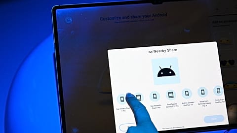 Android’s Nearby Share technology is demonstrated at Alphabet’s Google Android plaza booth during the Consumer Electronics Show (CES) in Las Vegas, Nevada on January 5, 2023. 