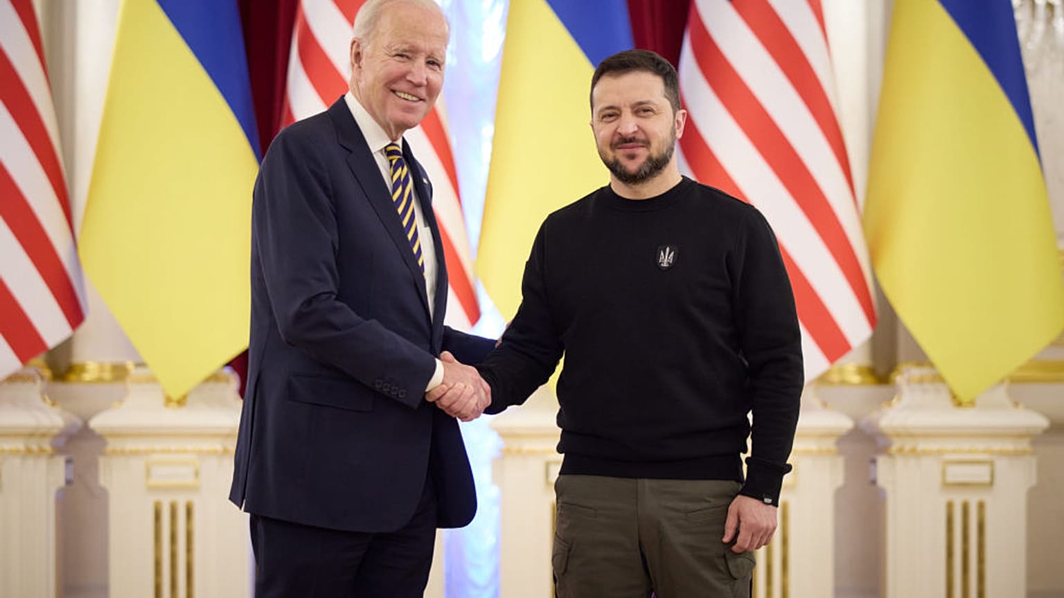 US President Joe Biden meets with Ukrainian President Volodymyr Zelenskyy at the Ukrainian presidential palace in February 