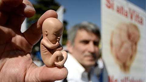 A pro-life, anti-abortion and pro-family activist displays a rubber foetus during a "March for Family" within the World Congress of Families (WCF) conference in March 2019.