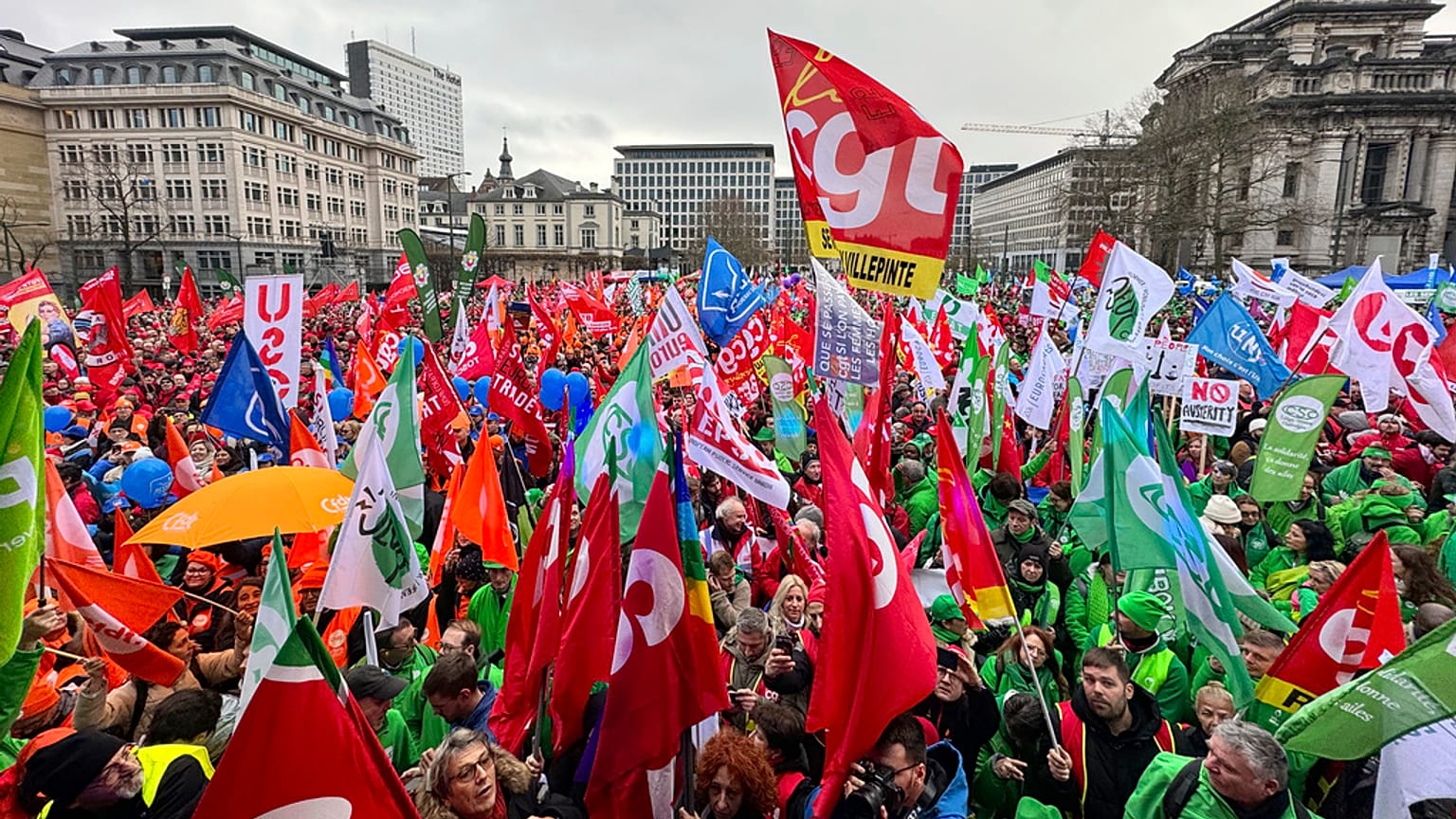 A protest against austerity policy in Brussels in December 2023. Trade unions and green groups are now concerned about the EU's new global competitiveness agenda.