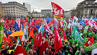 A protest against austerity policy in Brussels in December 2023. Trade unions and green groups are now concerned about the EU's new global competitiveness agenda.