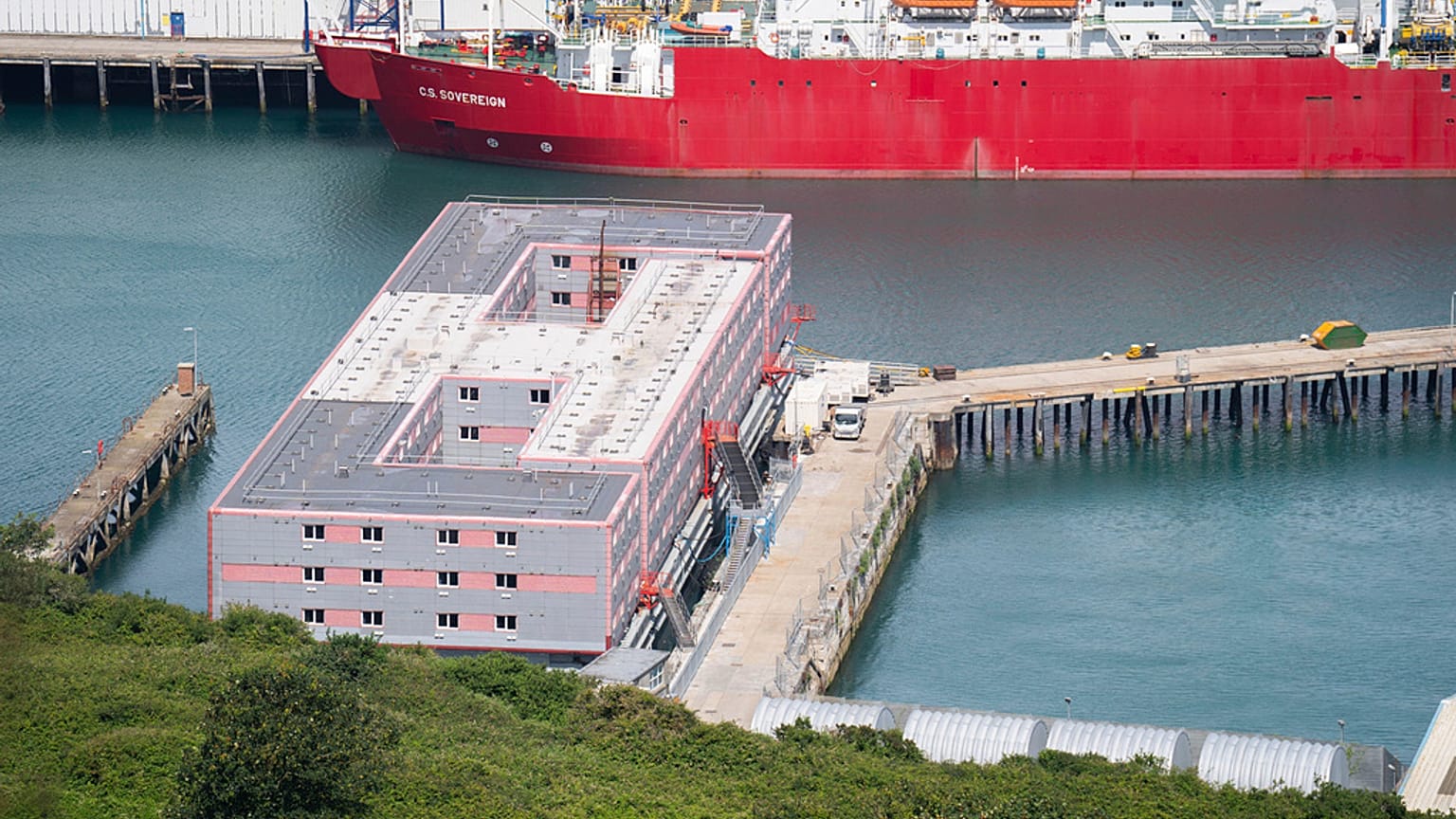 The Bibby Stockholm accommodation barge at Portland Port in Dorset, England, on Aug. 1, 2023. 