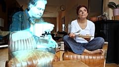 Alicia Framis with her hologram generated by AI