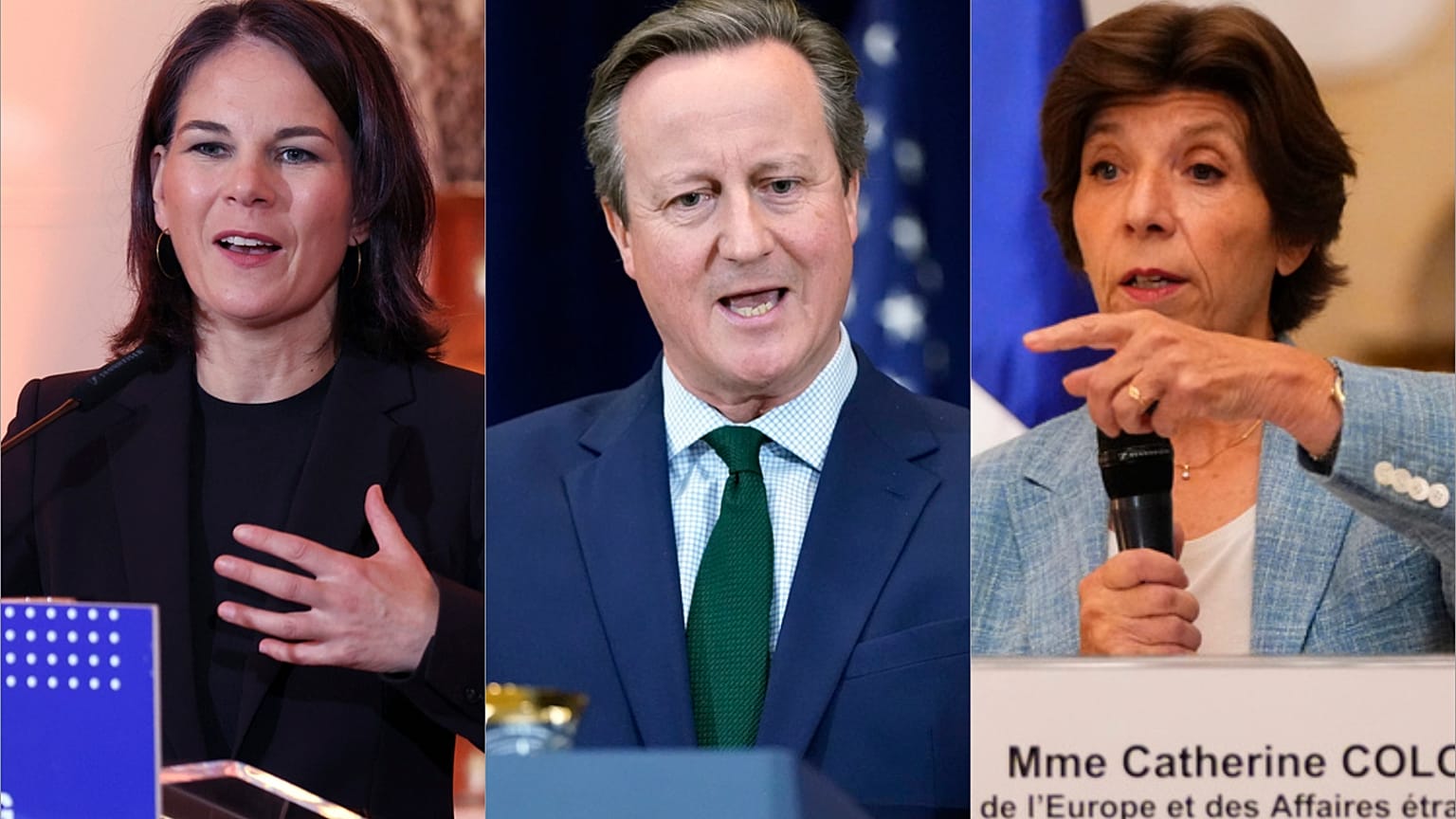Almanya Dışişleri Bakanı Annalena Baerbock, İngiltere Dışişleri Bakanı David Cameron ve Fransa Dışişleri Bakanı Catherine Colonna