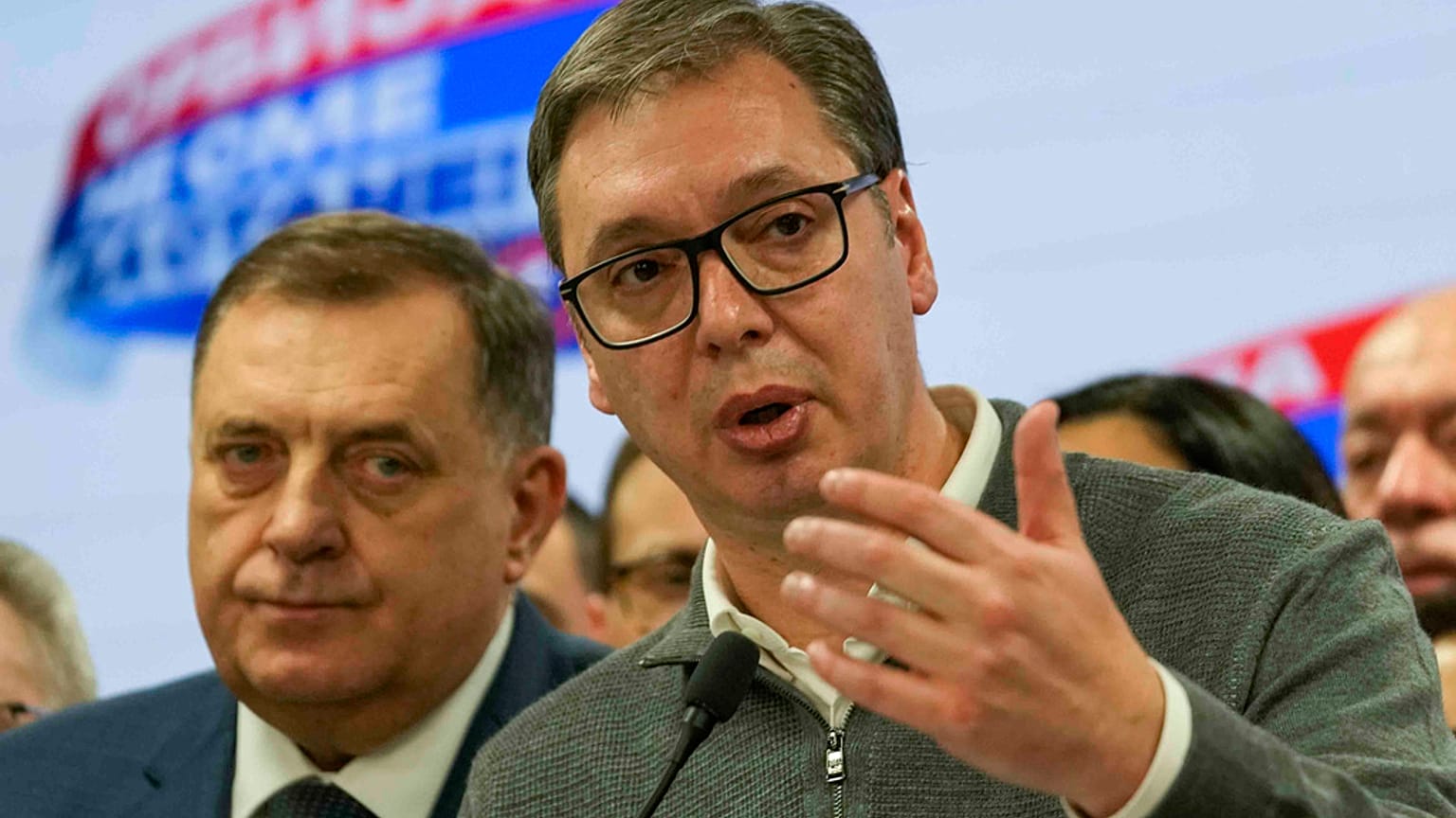 Serbian President Aleksandar Vucic speaks to the media in his party headquarters after a parliamentary and local election in Belgrade, Serbia, Sunday, Dec. 17, 2023.