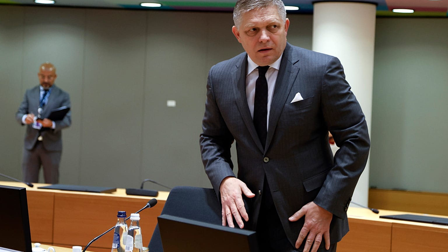Slovakia's Prime Minister Robert Fico during a round table meeting at an EU summit in Brussels, Thursday, Dec. 14, 2023.