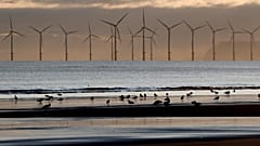 Un parque eólico marino es visible desde la playa en Hartlepool, Inglaterra, el martes 12 de noviembre de 2019.