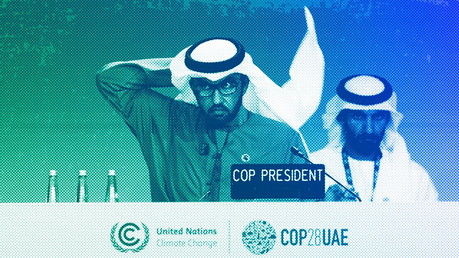 COP28 President Sultan al-Jaber adjusts his ghutra at a stocktaking plenary session at the COP28 UN Climate Summit in Dubai, December 2023