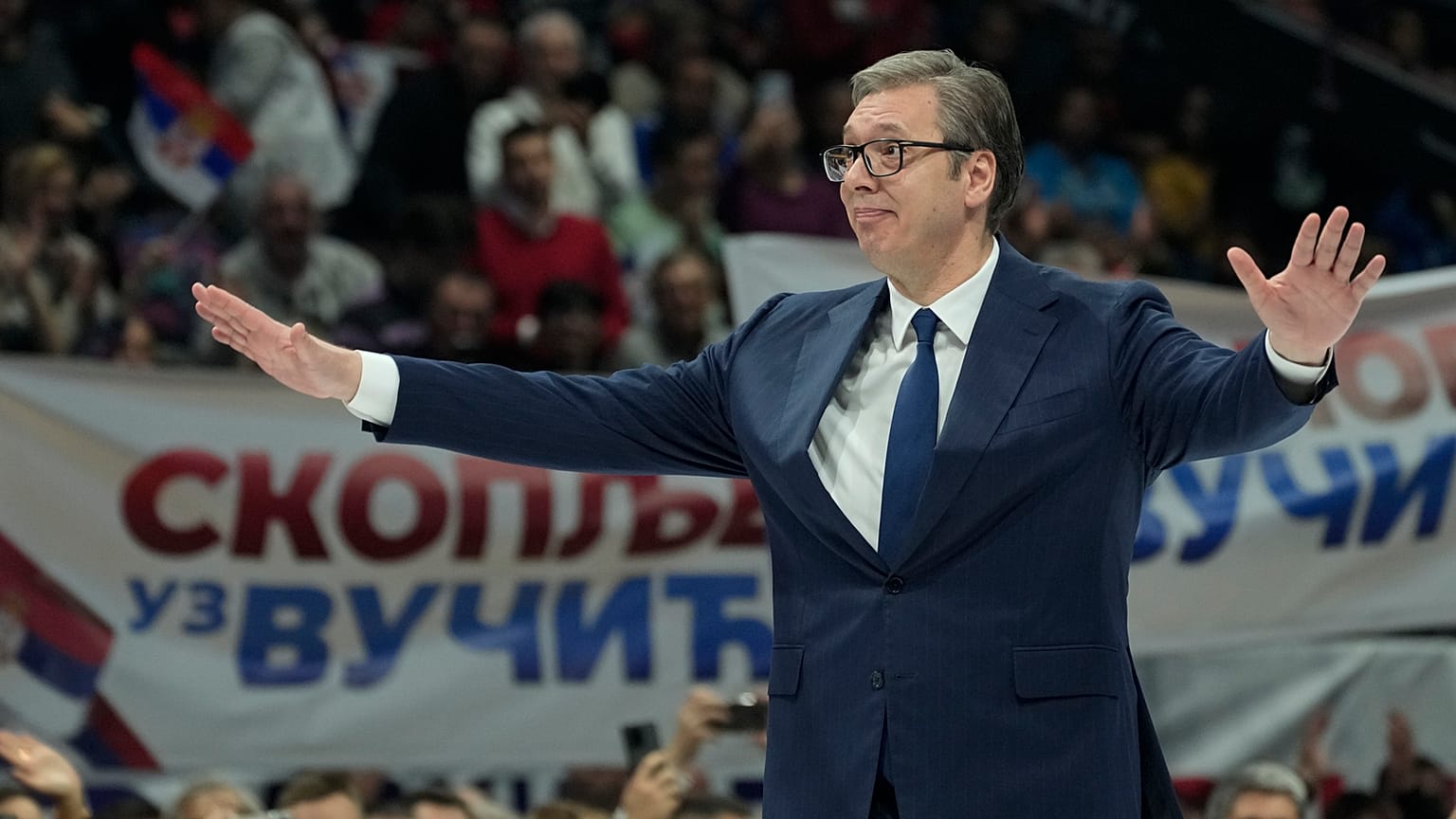 Serbian President Aleksandar Vucic gestures during a pre-election rally of his ruling Serbian Progressive Party in Belgrade, Serbia, Saturday, Dec. 2, 2023. 