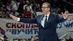 Serbian President Aleksandar Vucic gestures during a pre-election rally of his ruling Serbian Progressive Party in Belgrade, Serbia, Saturday, Dec. 2, 2023. 