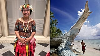 Kalita Titi Homasi auf der COP28 und ein Blick auf das Funafuti-Atoll in Tuvalu, wo der Meeresspiegelanstieg die Häuser der Menschen bedroht.