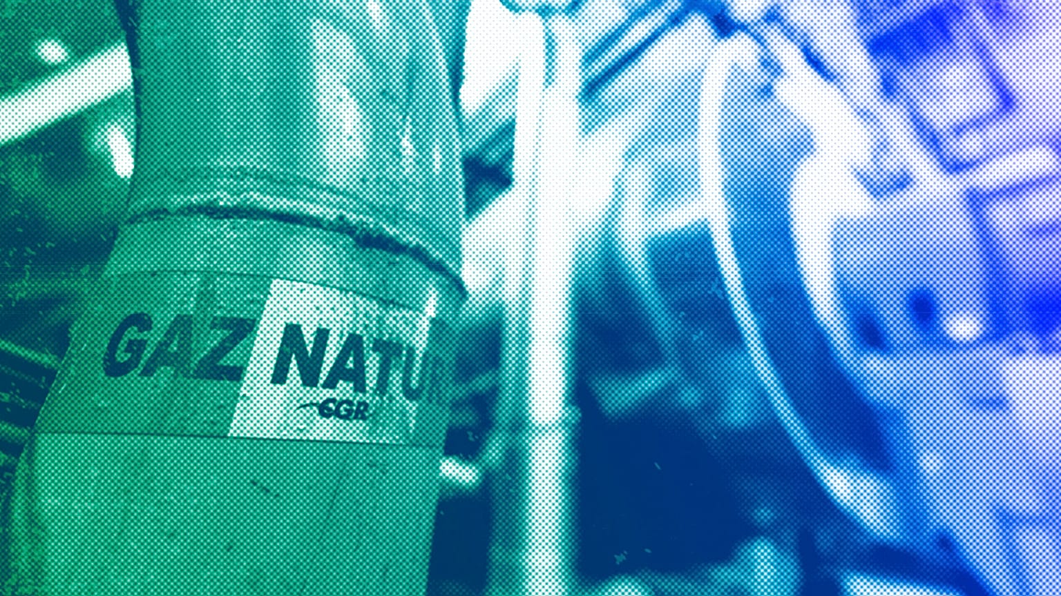 A sticker reads "natural gas" on a pipe at the French company R-CUA plant, in Strasbourg, October 2022