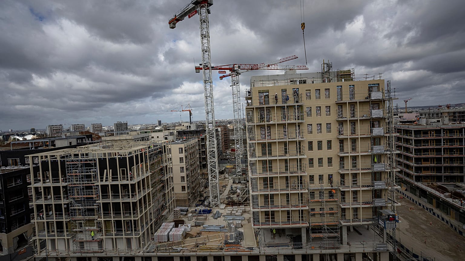 The Olympic athletes' village construction site is pictured during a press tour in Saint Denis, outside Paris, Friday, March 24, 2023.