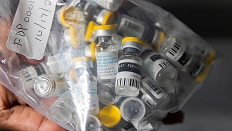 FILE - Vials of single doses of the Jynneos vaccine for monkeypox are seen from a cooler at a vaccinations site on Aug. 29, 2022.